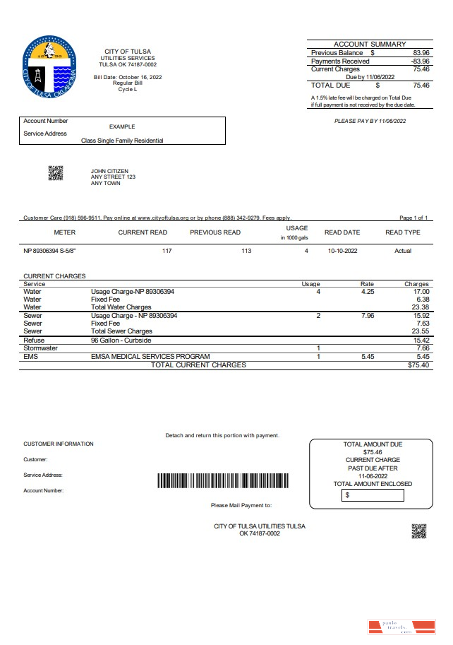 USA Oklahoma City of Tulsa utility bill template in Word and PDF format